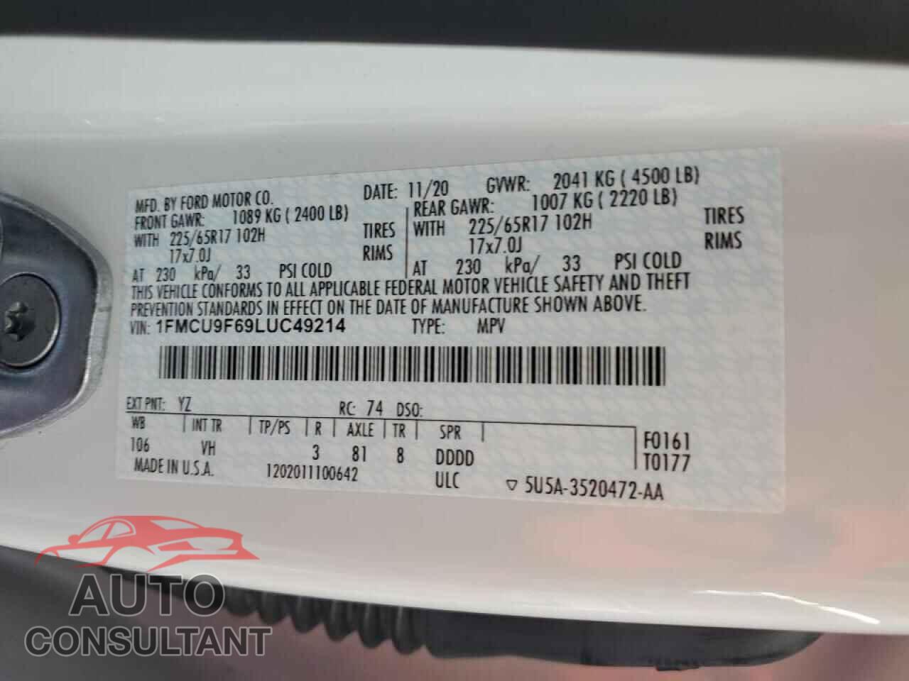 FORD ESCAPE 2020 - 1FMCU9F69LUC49214