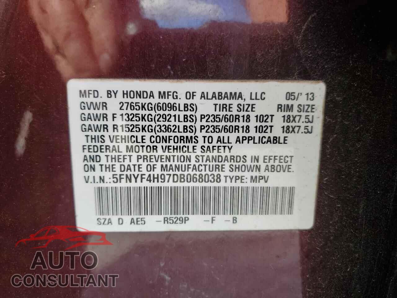 HONDA PILOT 2013 - 5FNYF4H97DB068038