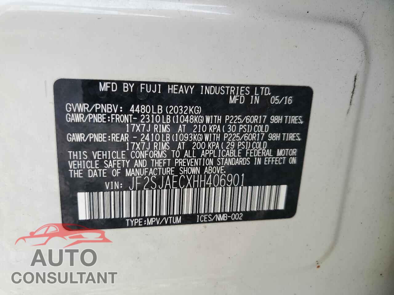SUBARU FORESTER 2017 - JF2SJAECXHH406901