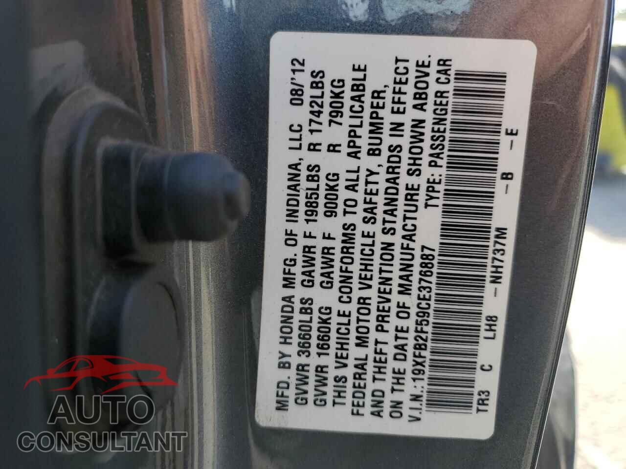 HONDA CIVIC 2012 - 19XFB2F59CE376887