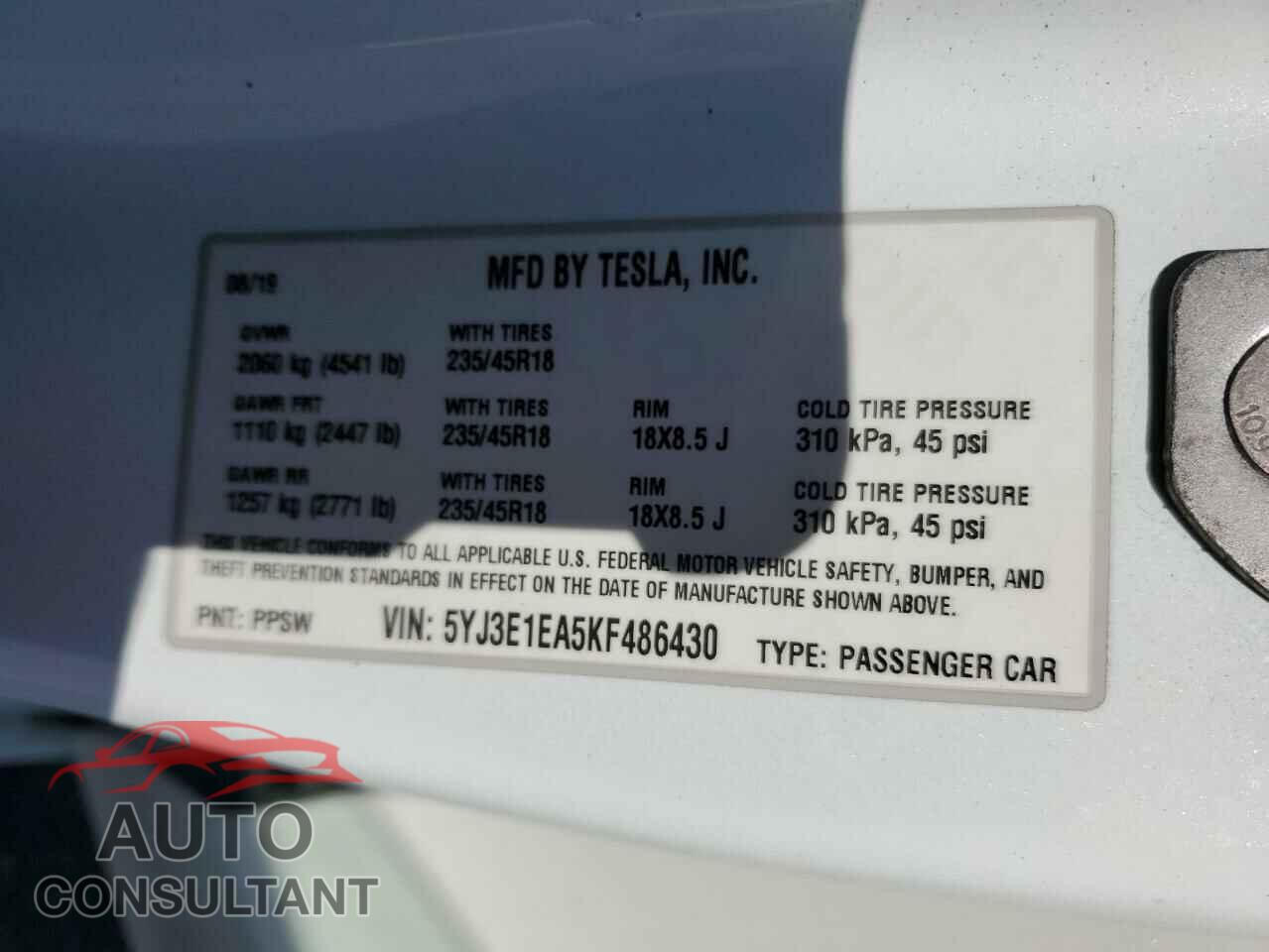 TESLA MODEL 3 2019 - 5YJ3E1EA5KF486430