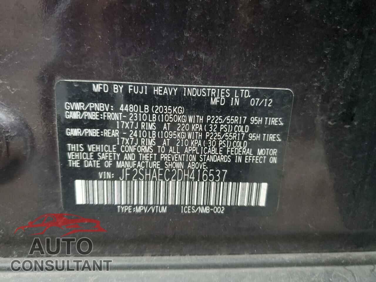 SUBARU FORESTER 2013 - JF2SHAEC2DH416537