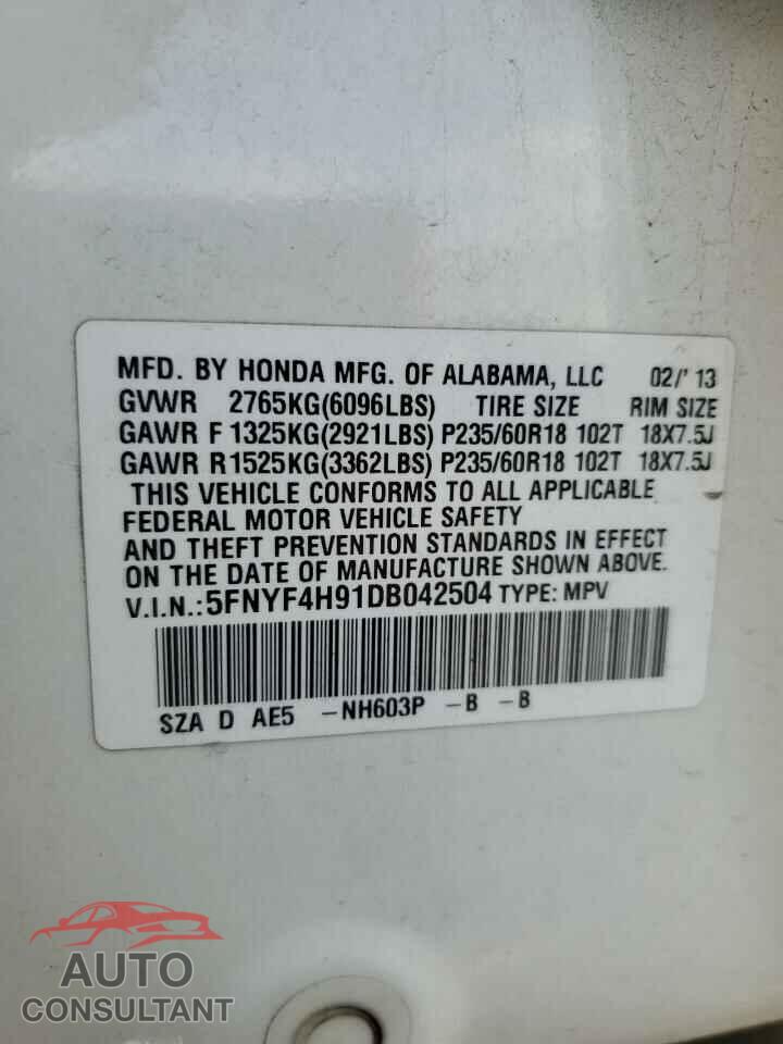 HONDA PILOT 2013 - 5FNYF4H91DB042504