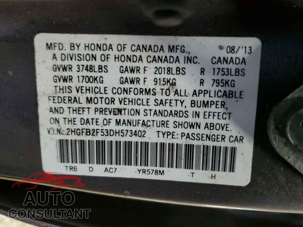 HONDA CIVIC 2013 - 2HGFB2F53DH573402