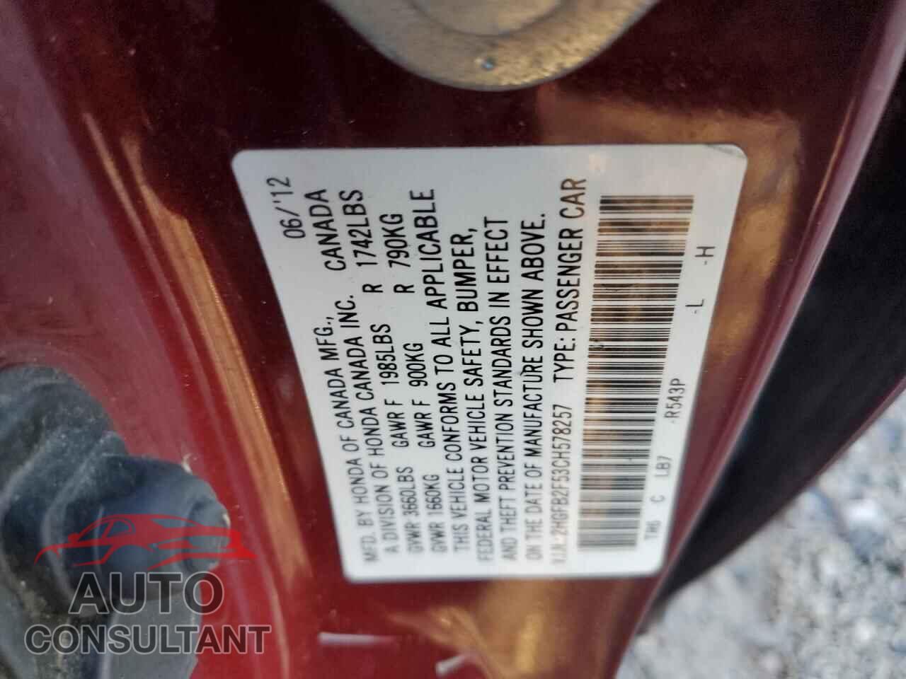 HONDA CIVIC 2012 - 2HGFB2F53CH578257