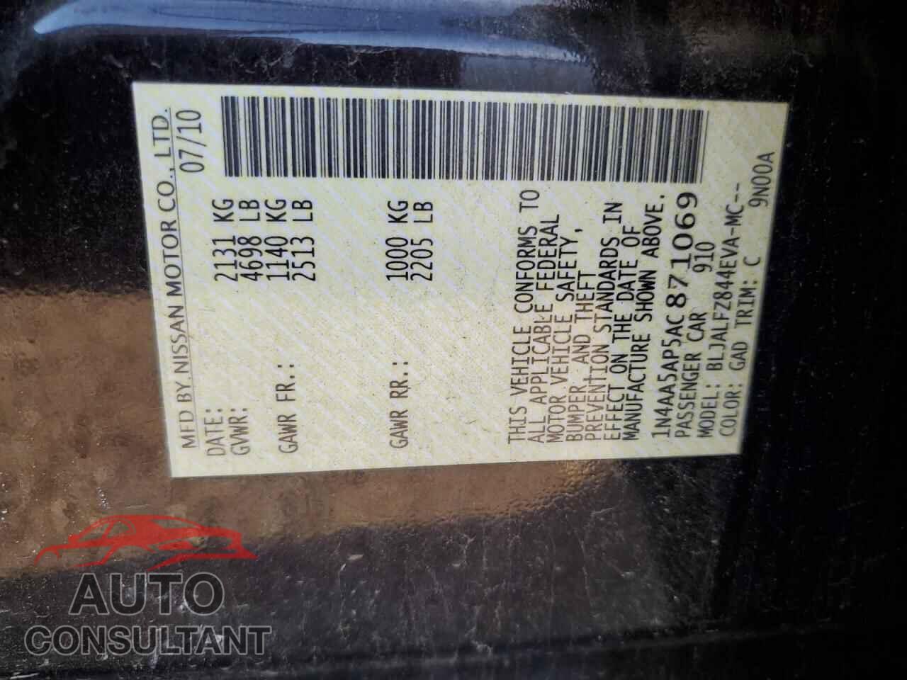NISSAN MAXIMA 2010 - 1N4AA5AP5AC871069