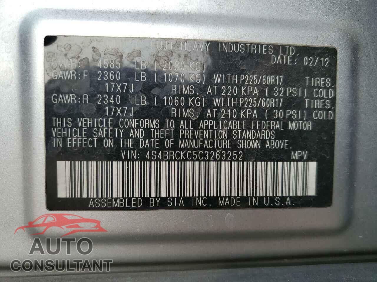 SUBARU OUTBACK 2012 - 4S4BRCKC5C3263252