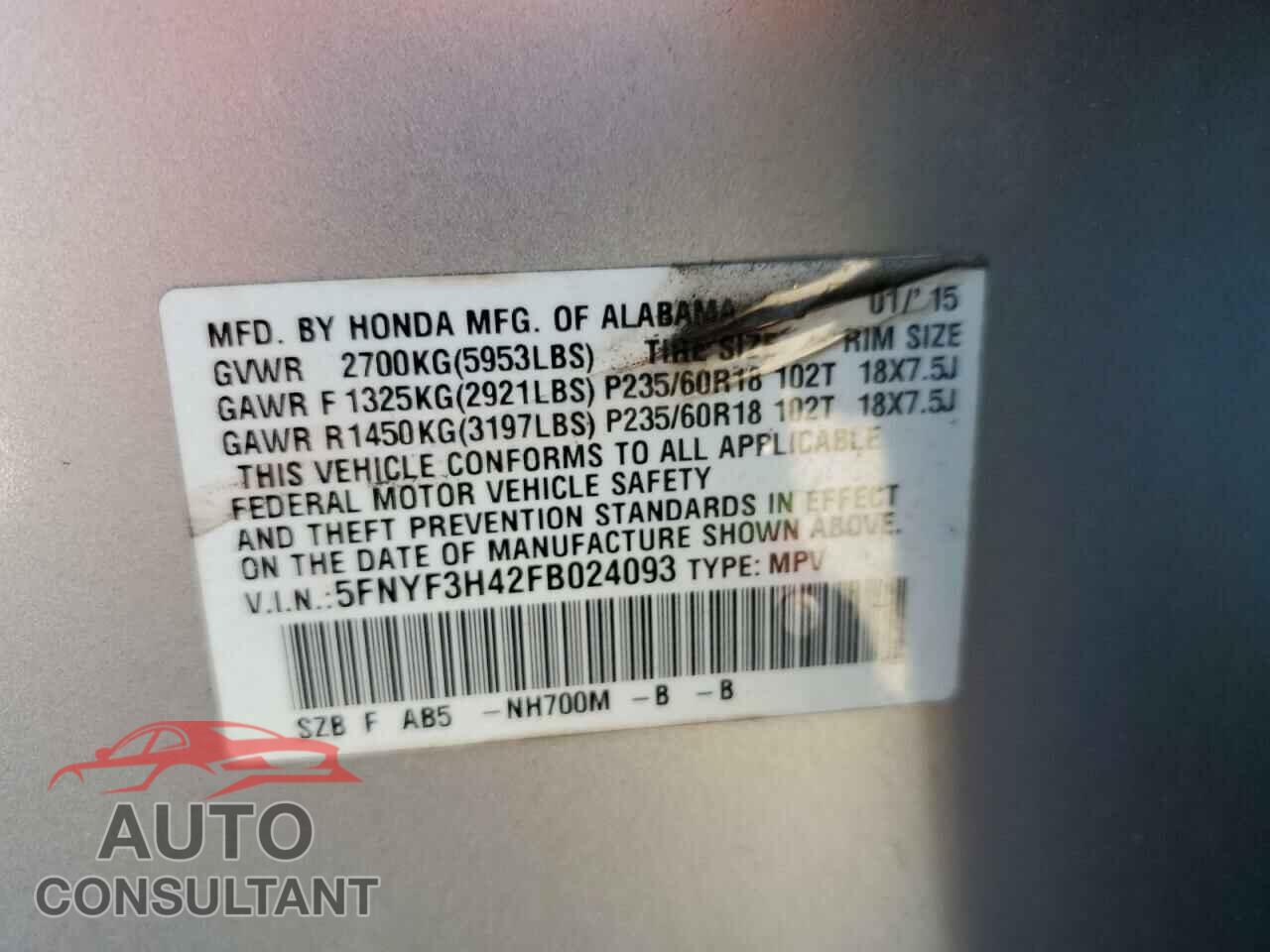 HONDA PILOT 2015 - 5FNYF3H42FB024093