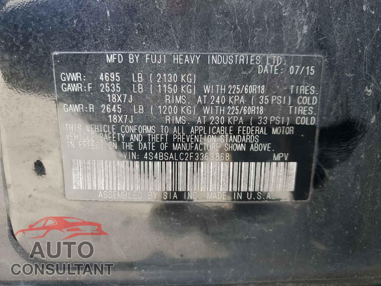 SUBARU OUTBACK 2015 - 4S4BSALC2F3363868