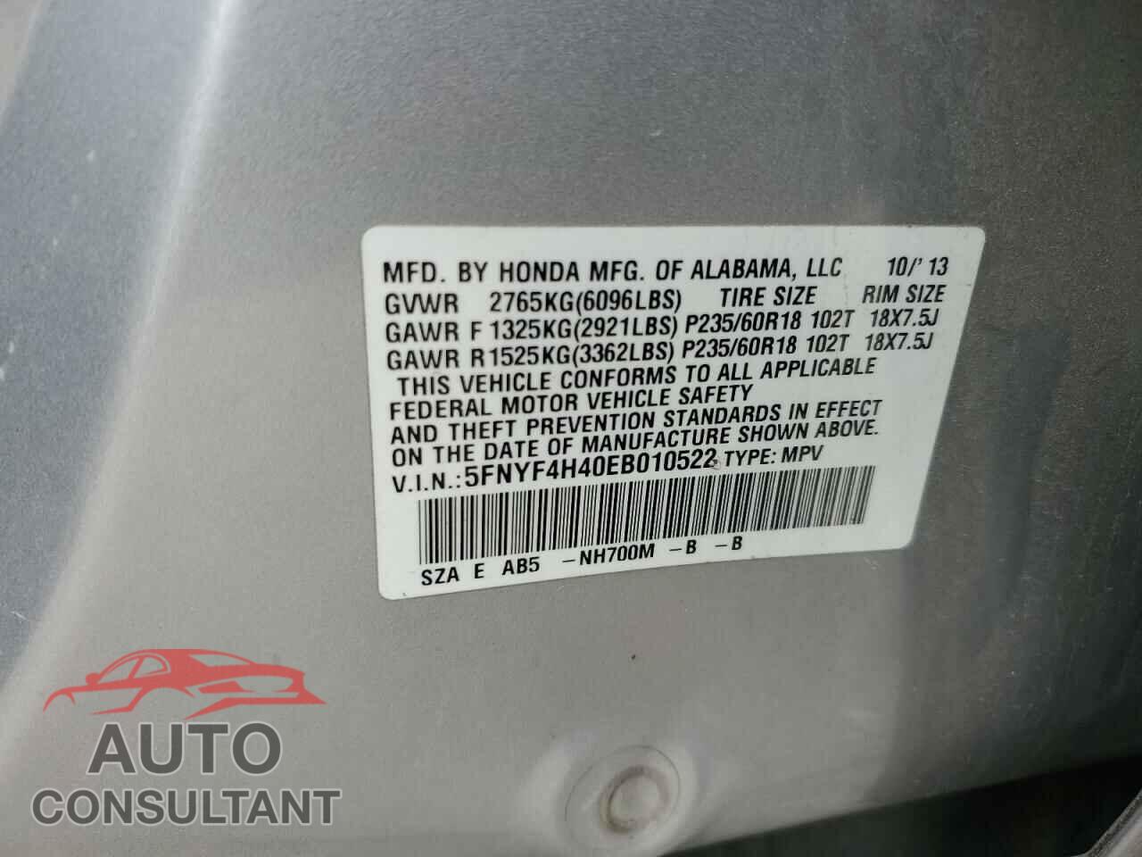 HONDA PILOT 2014 - 5FNYF4H40EB010522