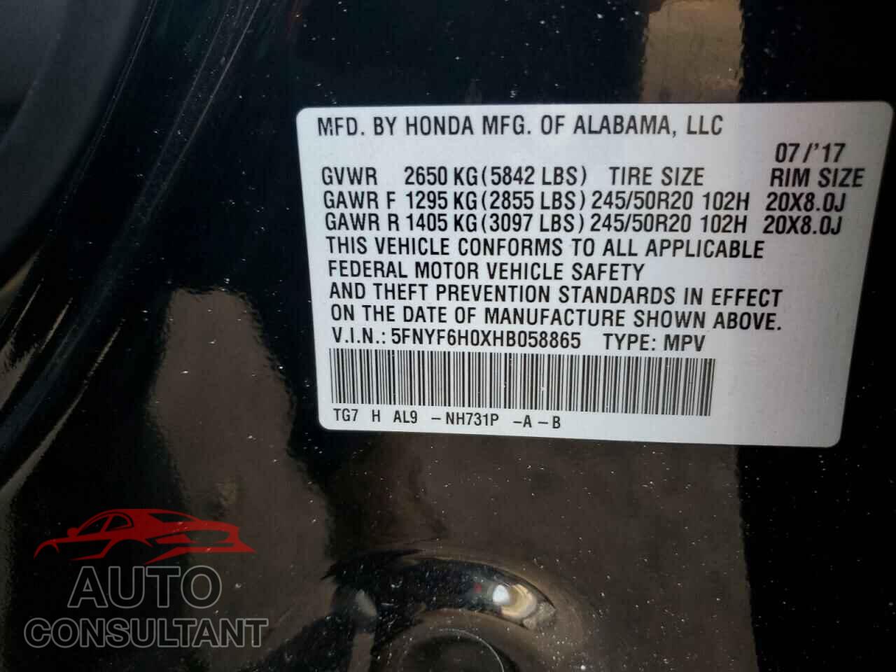HONDA PILOT 2017 - 5FNYF6H0XHB058865