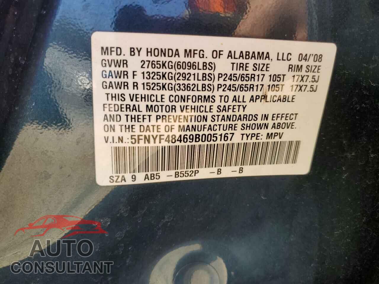 HONDA PILOT 2009 - 5FNYF48469B005167