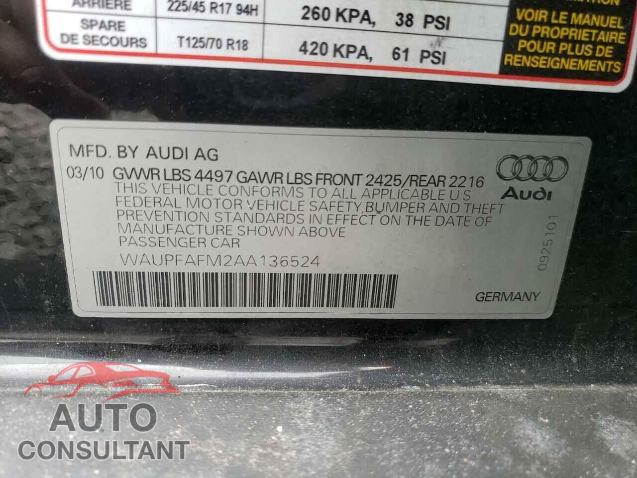 AUDI A3 2010 - WAUPFAFM2AA136524