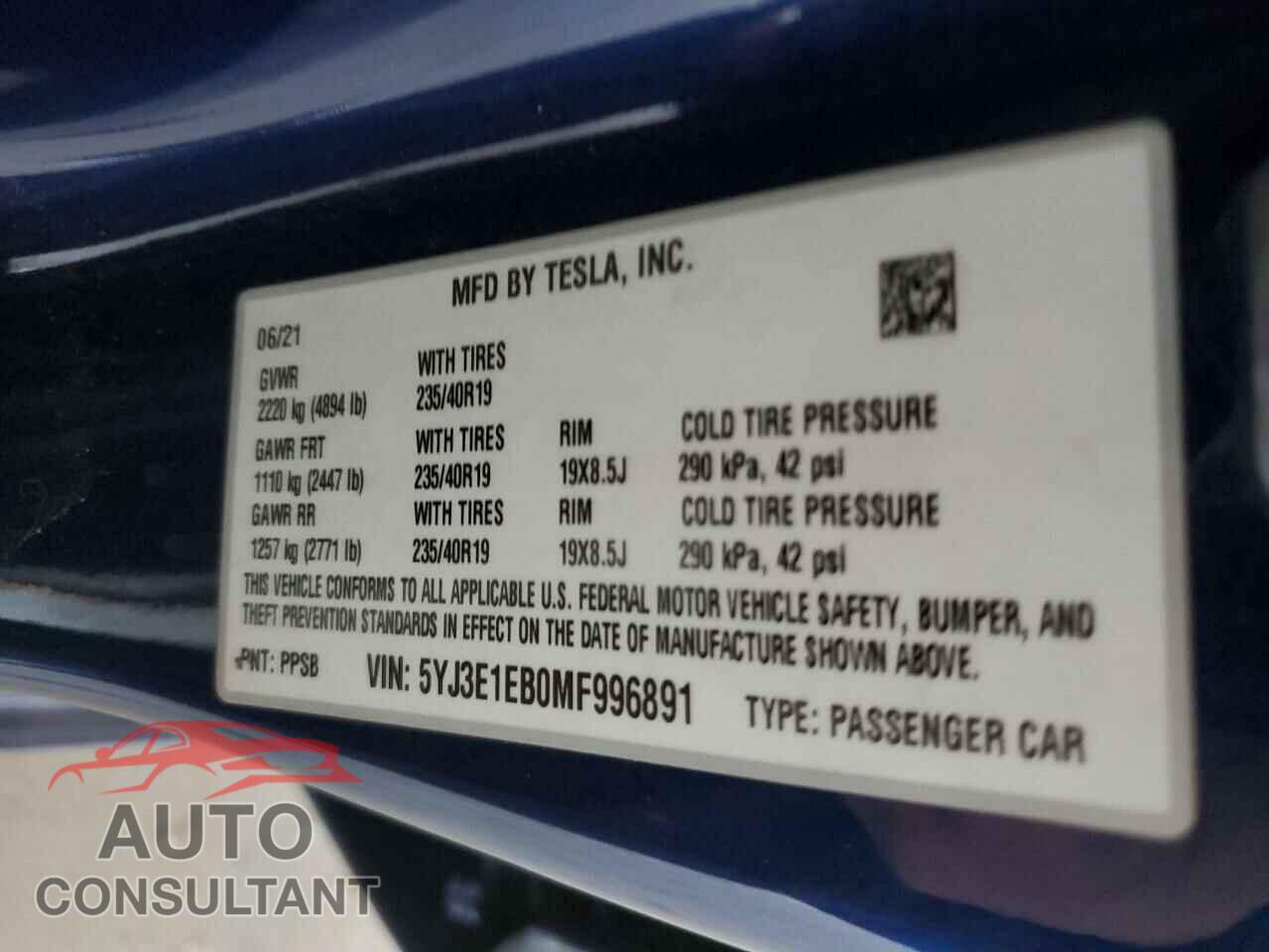 TESLA MODEL 3 2021 - 5YJ3E1EB0MF996891