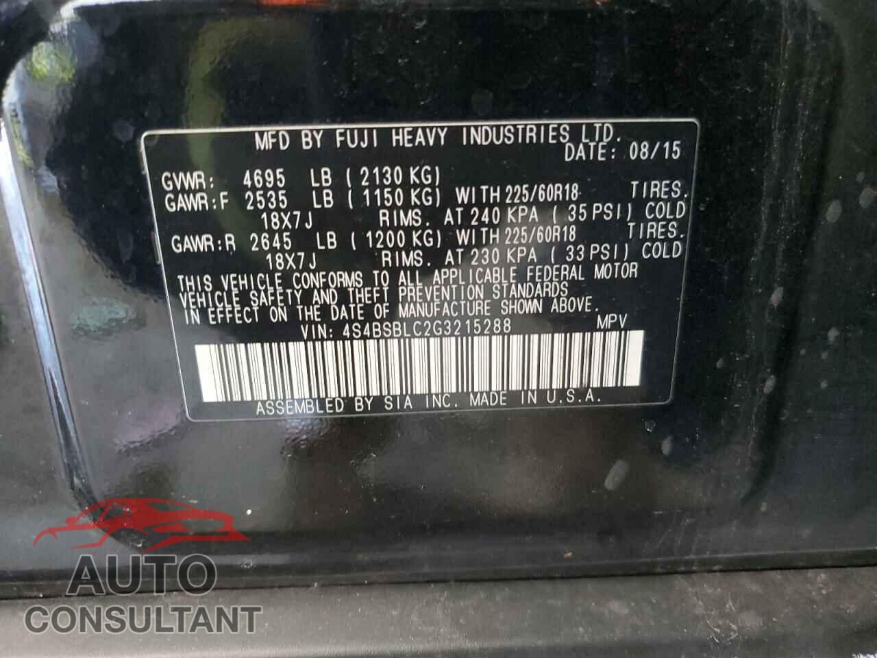SUBARU OUTBACK 2016 - 4S4BSBLC2G3215288