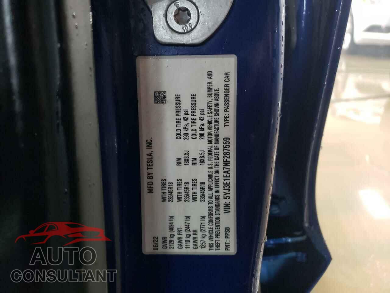 TESLA MODEL 3 2022 - 5YJ3E1EA7NF287559