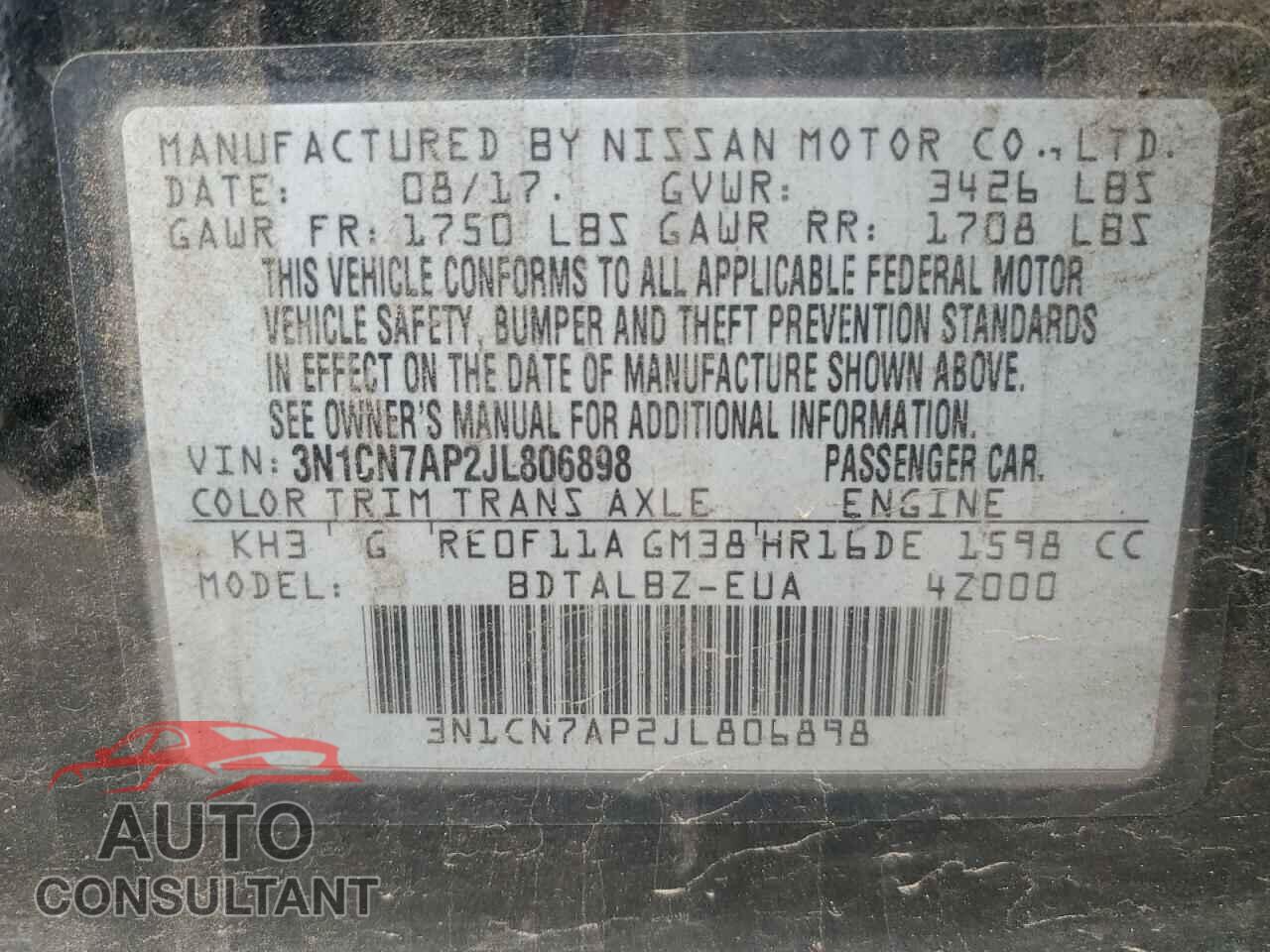 NISSAN VERSA 2018 - 3N1CN7AP2JL806898