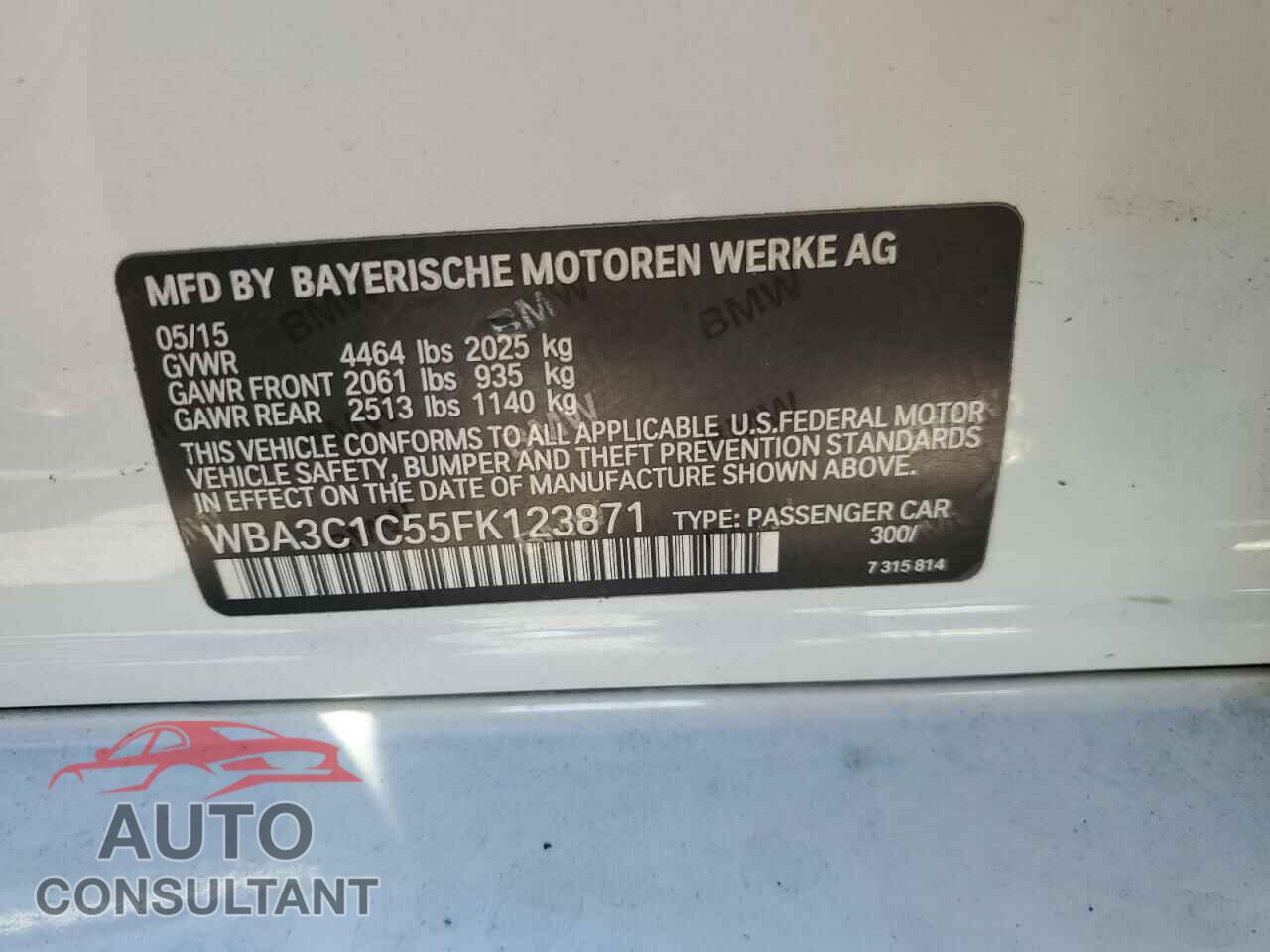 BMW 3 SERIES 2015 - WBA3C1C55FK123871