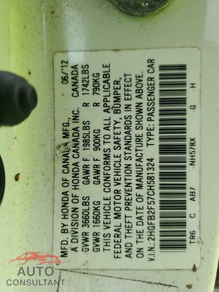 HONDA CIVIC 2012 - 2HGFB2F57CH581324