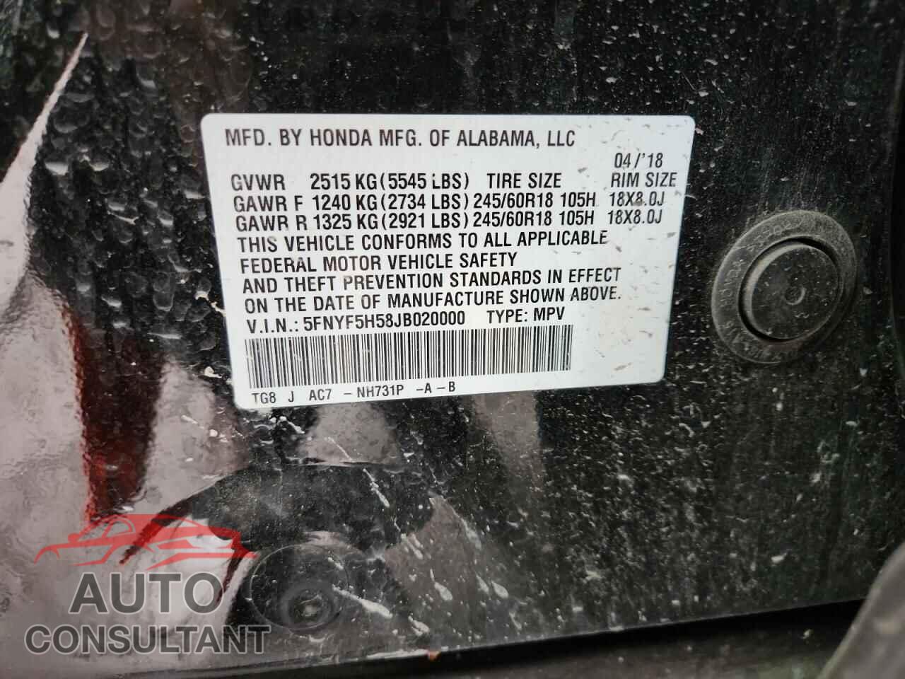 HONDA PILOT 2018 - 5FNYF5H58JB020000