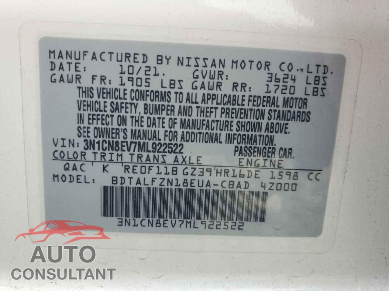 NISSAN VERSA 2021 - 3N1CN8EV7ML922522