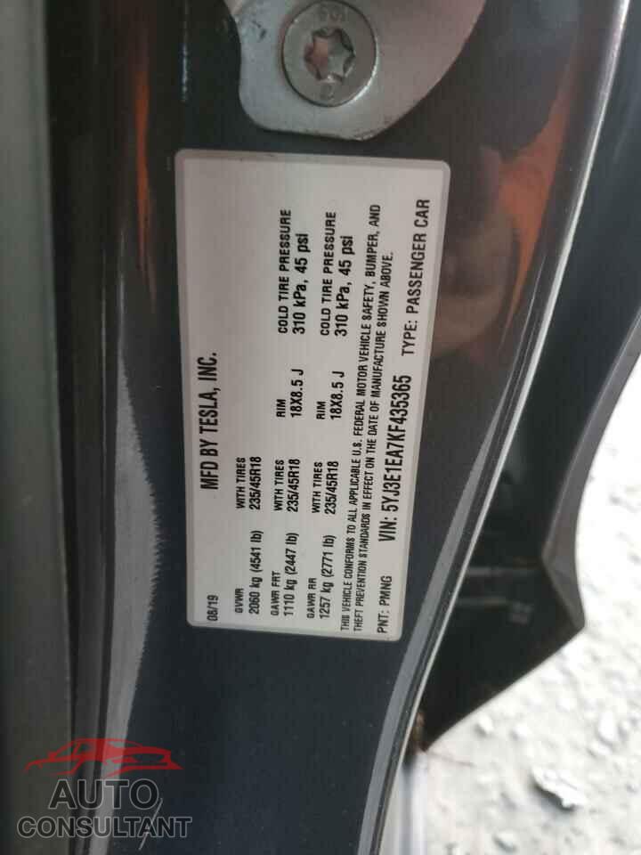 TESLA MODEL 3 2019 - 5YJ3E1EA7KF435365