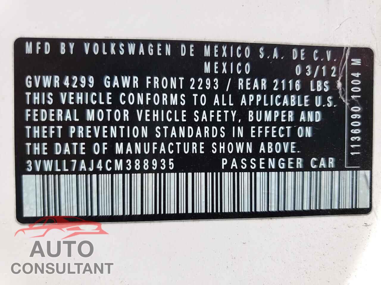 VOLKSWAGEN JETTA 2012 - 3VWLL7AJ4CM388935