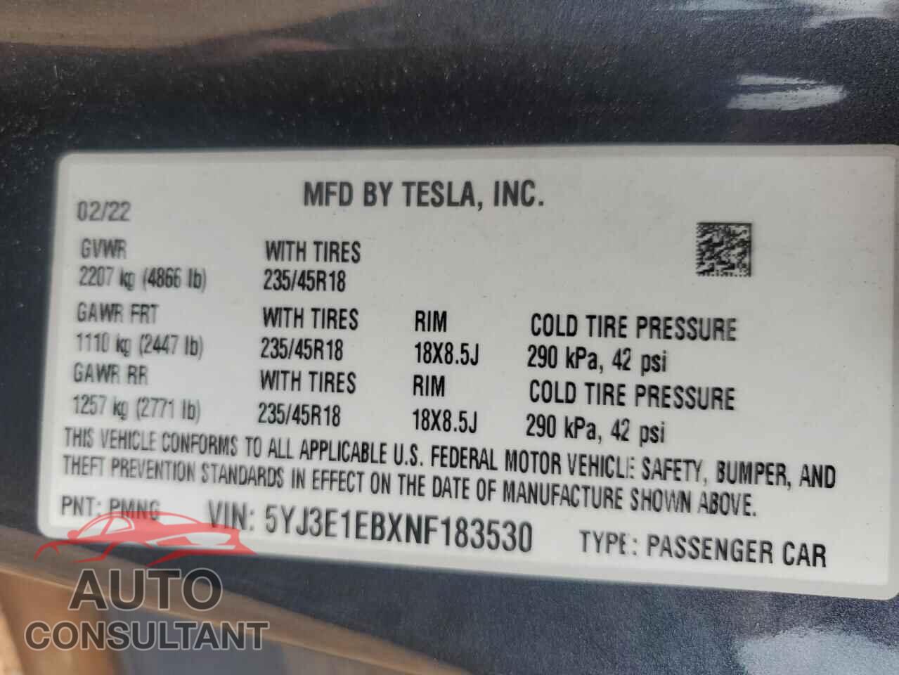 TESLA MODEL 3 2022 - 5YJ3E1EBXNF183530