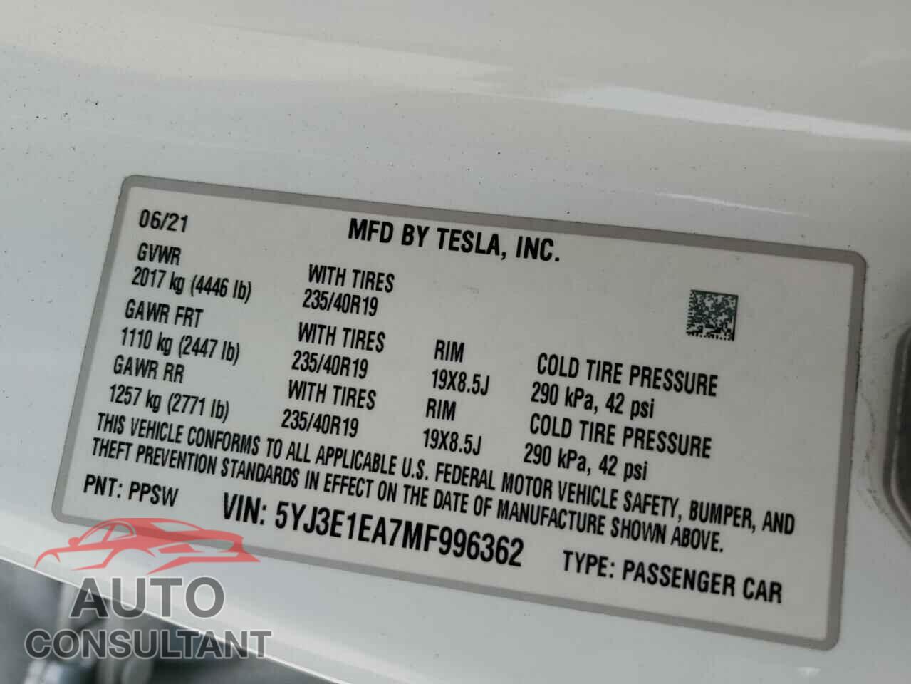 TESLA MODEL 3 2021 - 5YJ3E1EA7MF996362