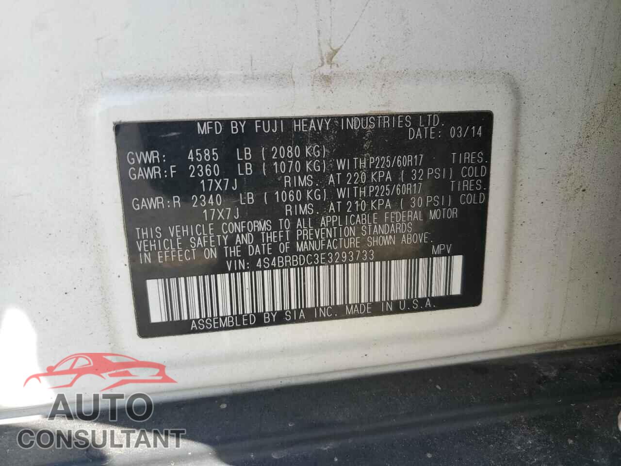 SUBARU OUTBACK 2014 - 4S4BRBDC3E3293733