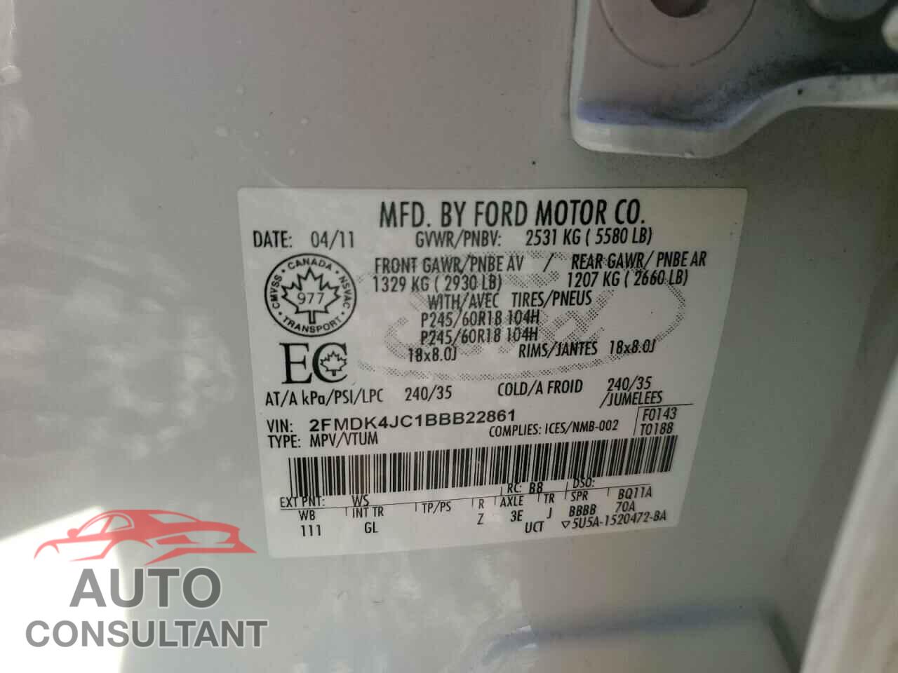 FORD EDGE 2011 - 2FMDK4JC1BBB22861