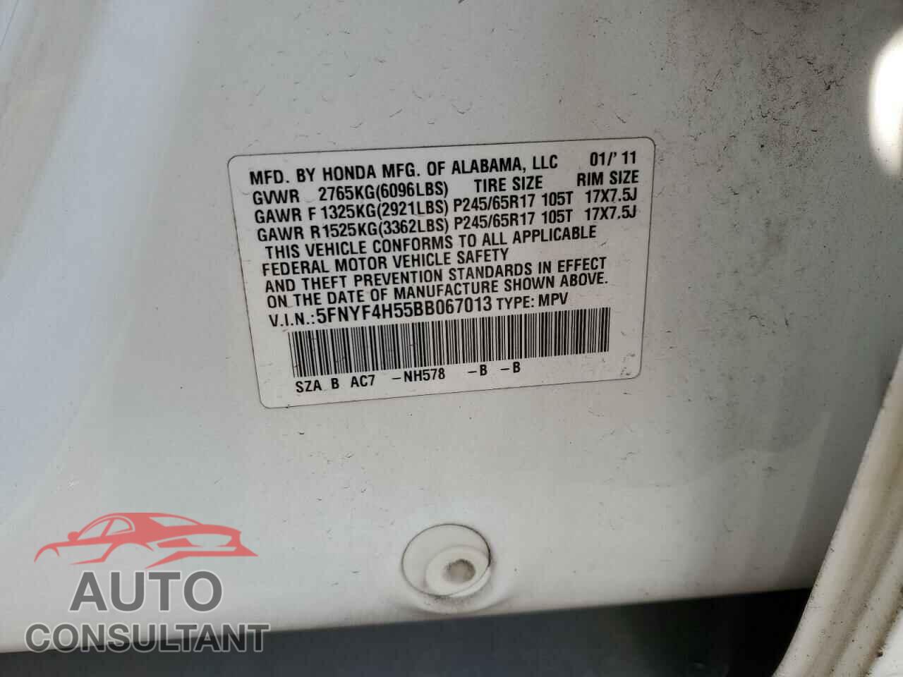 HONDA PILOT 2011 - 5FNYF4H55BB067013