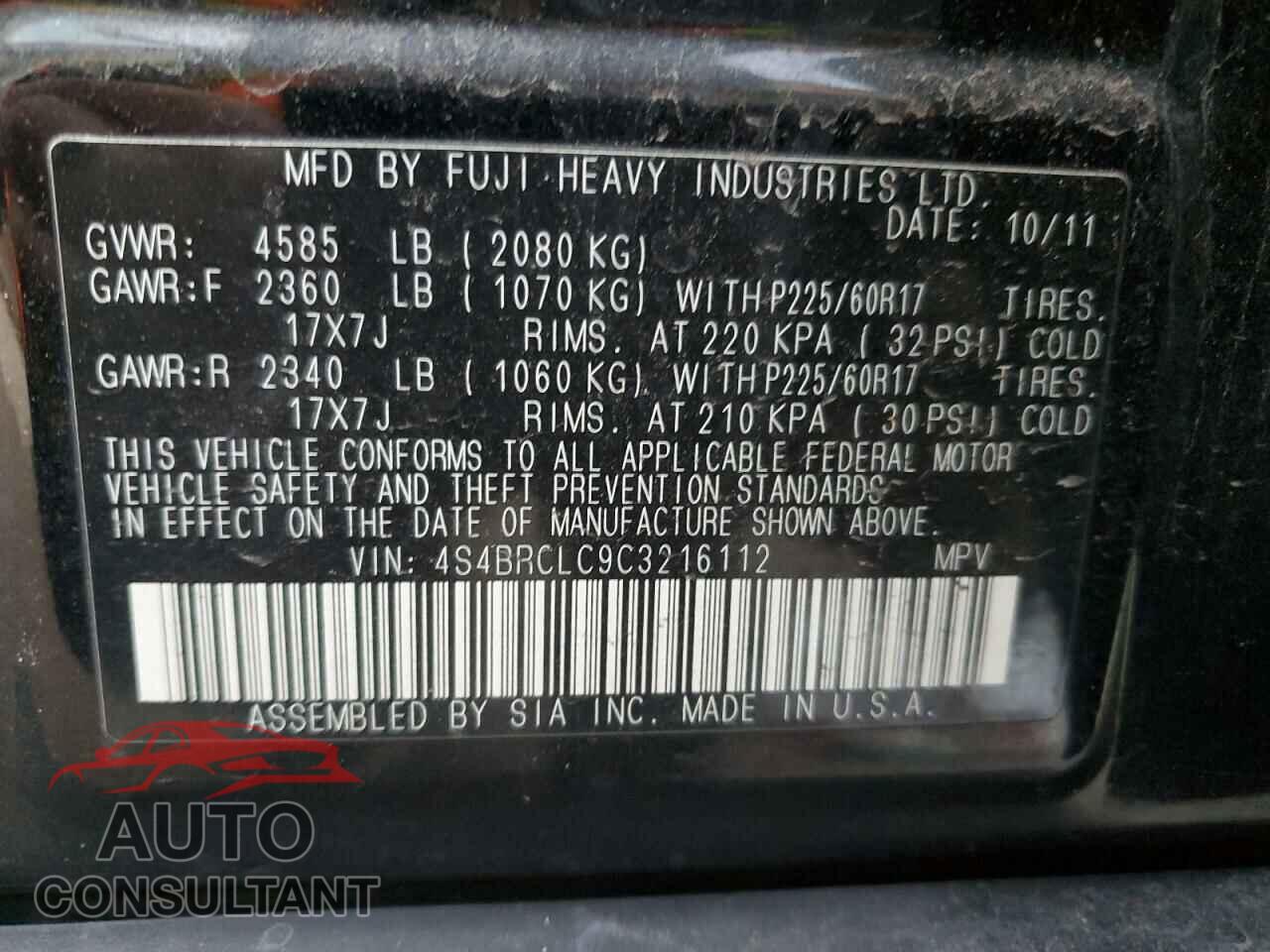 SUBARU OUTBACK 2012 - 4S4BRCLC9C3216112