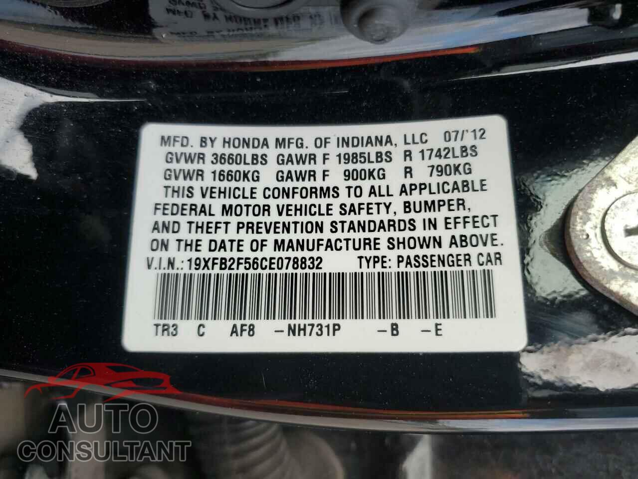 HONDA CIVIC 2012 - 19XFB2F56CE078832