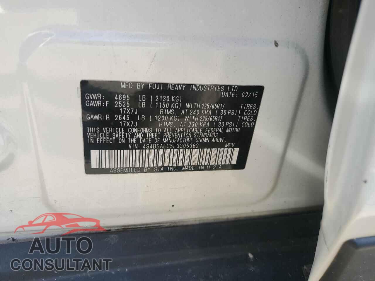 SUBARU OUTBACK 2015 - 4S4BSAFC5F3305362