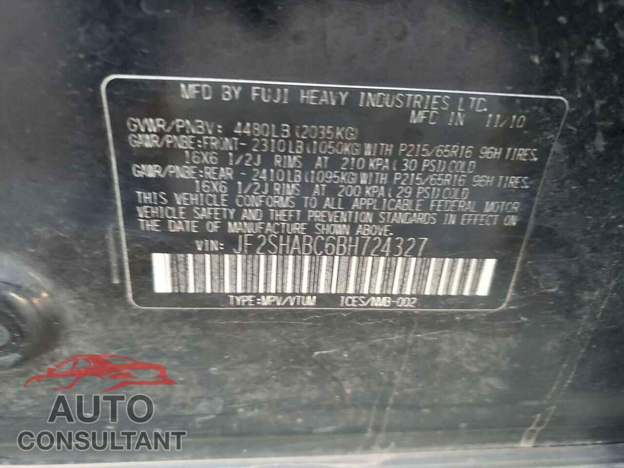 SUBARU FORESTER 2011 - JF2SHABC6BH724327