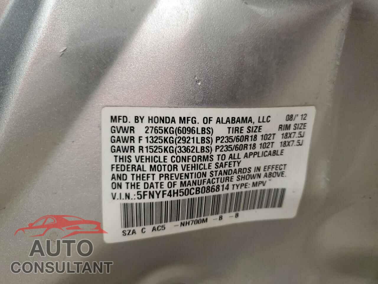 HONDA PILOT 2012 - 5FNYF4H50CB086814