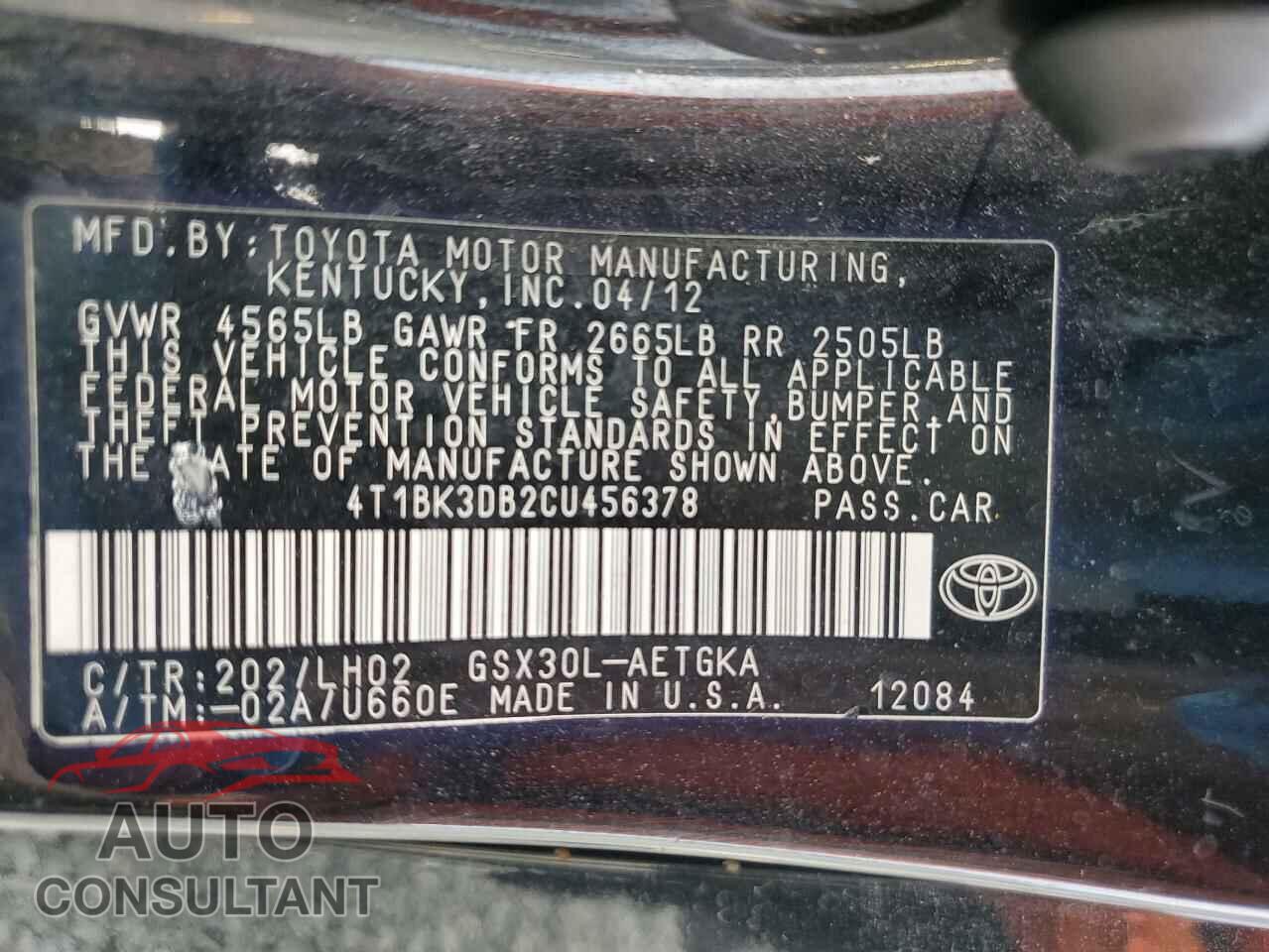 TOYOTA AVALON 2012 - 4T1BK3DB2CU456378