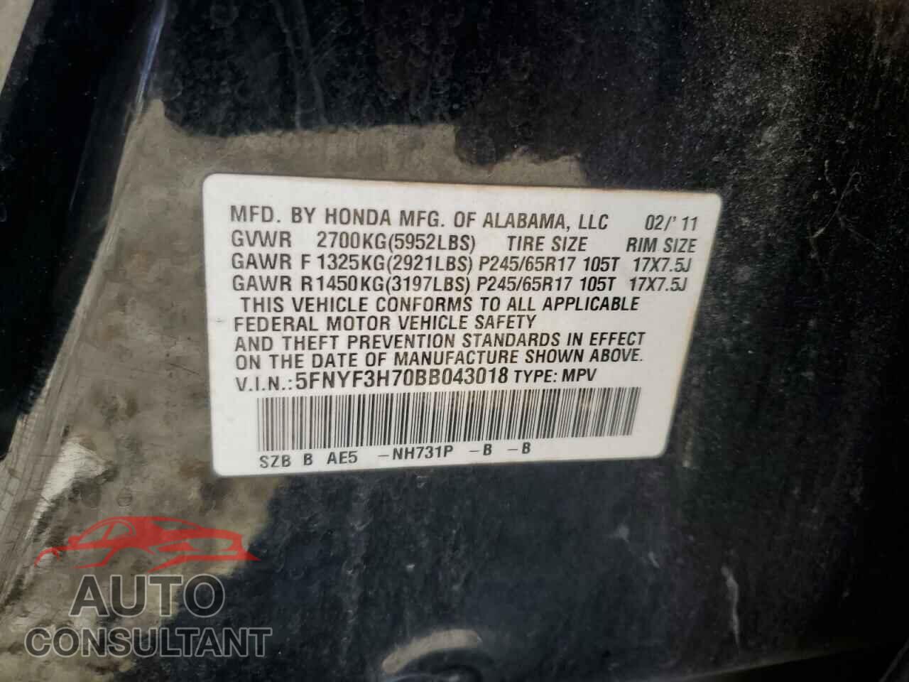 HONDA PILOT 2011 - 5FNYF3H70BB043018