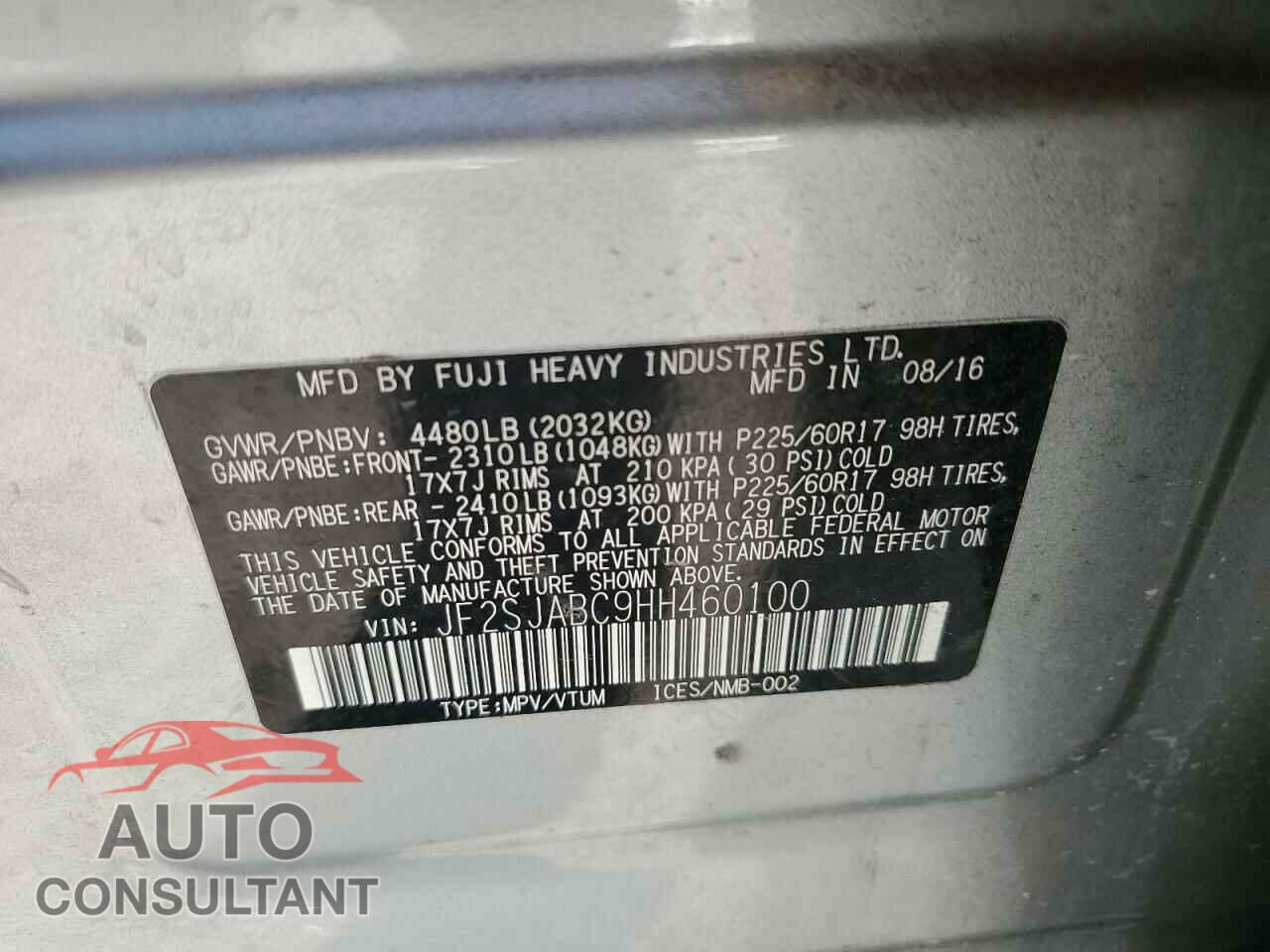SUBARU FORESTER 2017 - JF2SJABC9HH460100