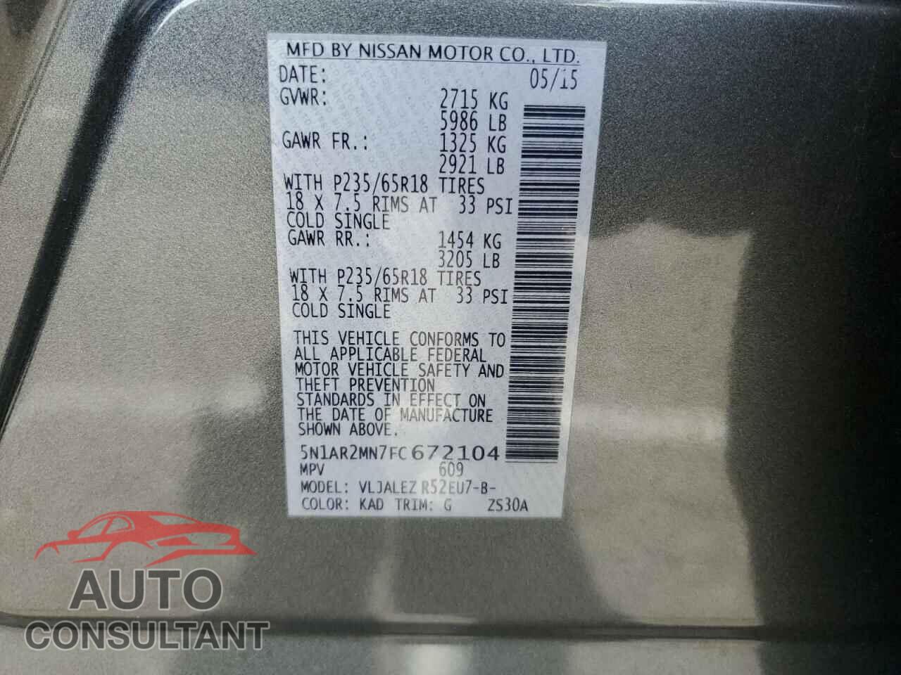 NISSAN PATHFINDER 2015 - 5N1AR2MN7FC672104