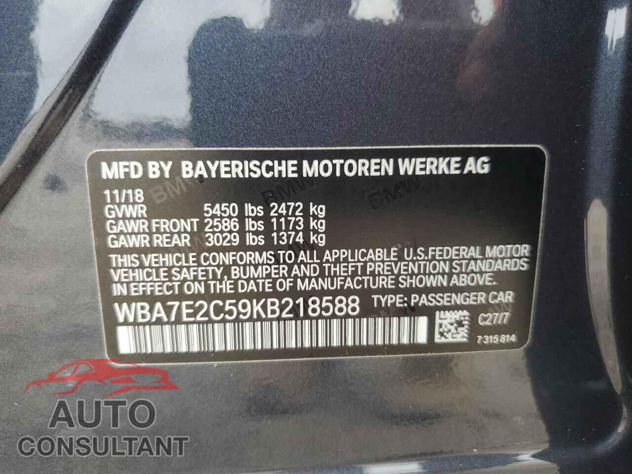 BMW 7 SERIES 2019 - WBA7E2C59KB218588