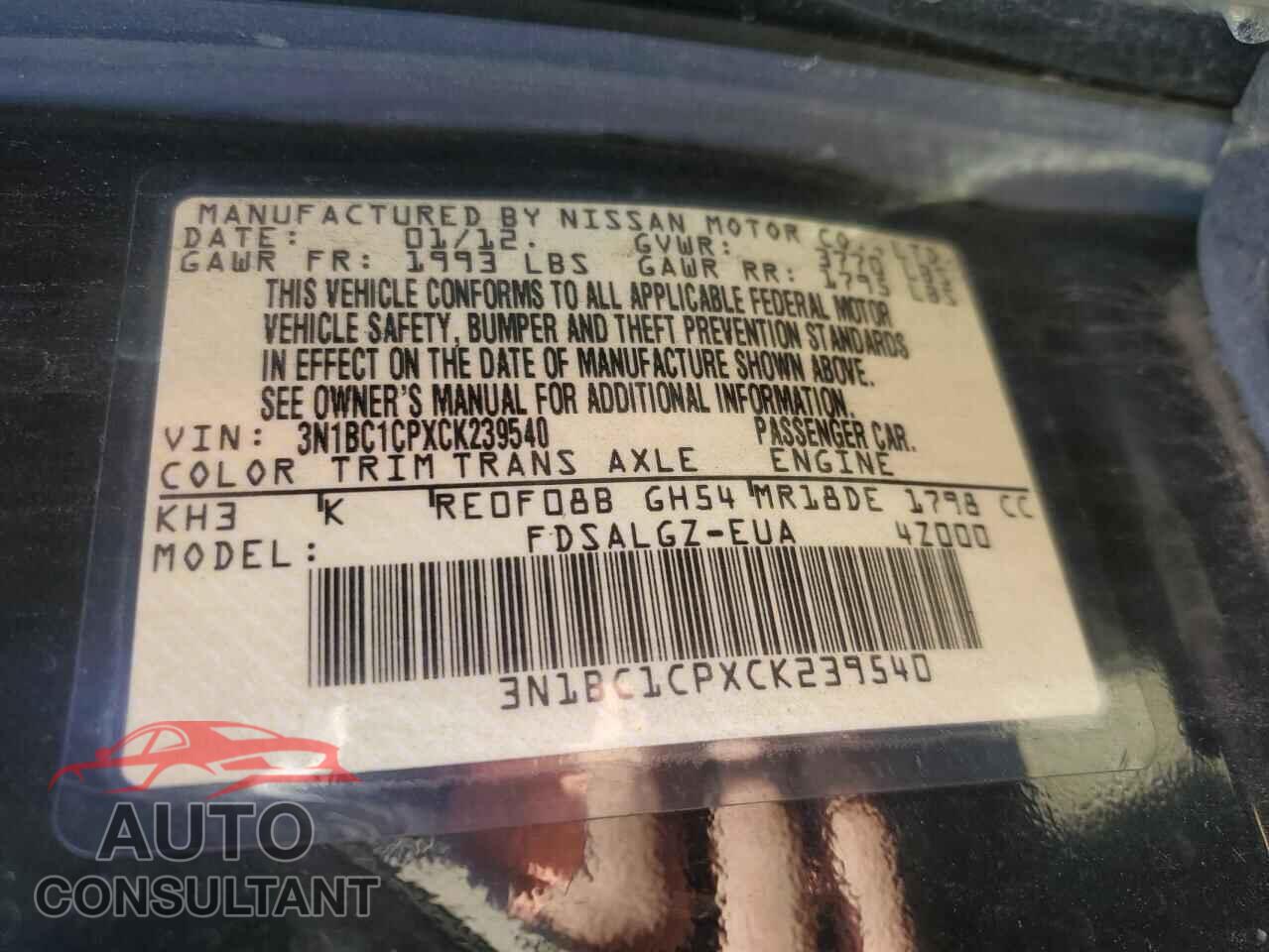 NISSAN VERSA 2012 - 3N1BC1CPXCK239540