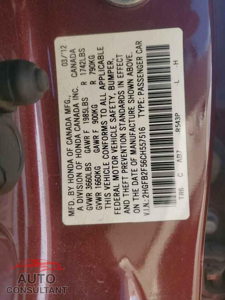 HONDA CIVIC 2012 - 2HGFB2F56CH557516