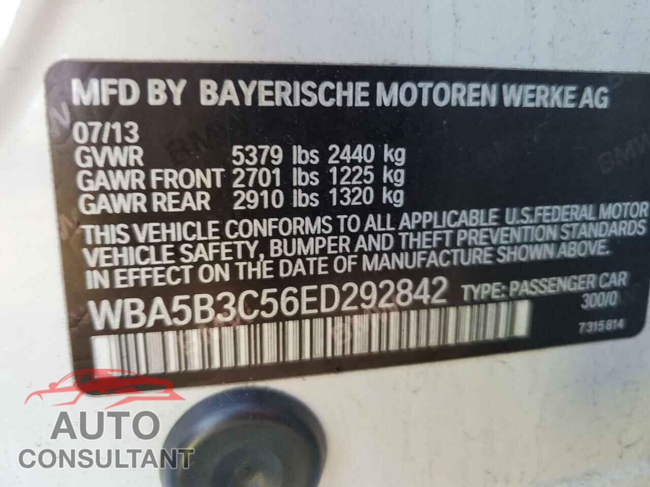 BMW 5 SERIES 2014 - WBA5B3C56ED292842