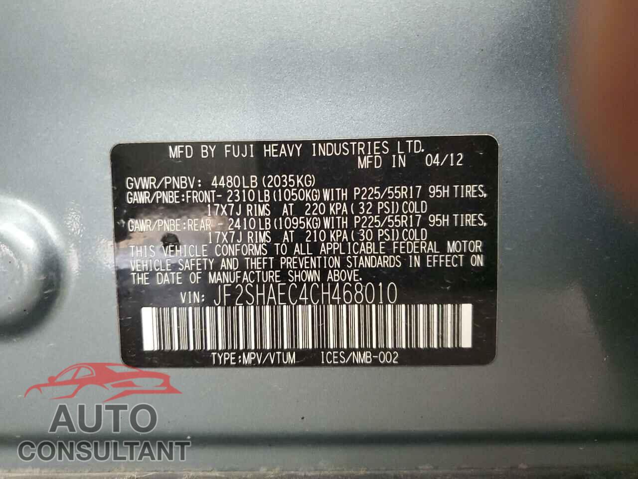 SUBARU FORESTER 2012 - JF2SHAEC4CH468010
