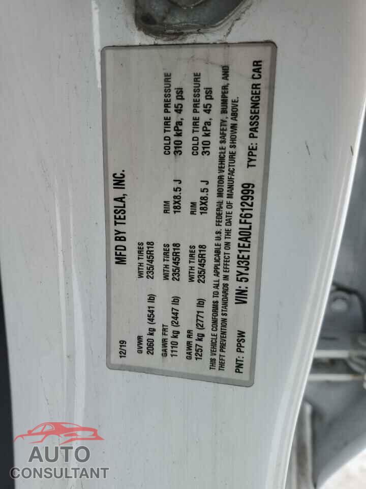 TESLA MODEL 3 2020 - 5YJ3E1EA0LF612999