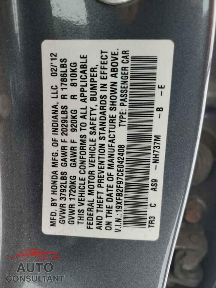 HONDA CIVIC 2012 - 19XFB2F97CE042408