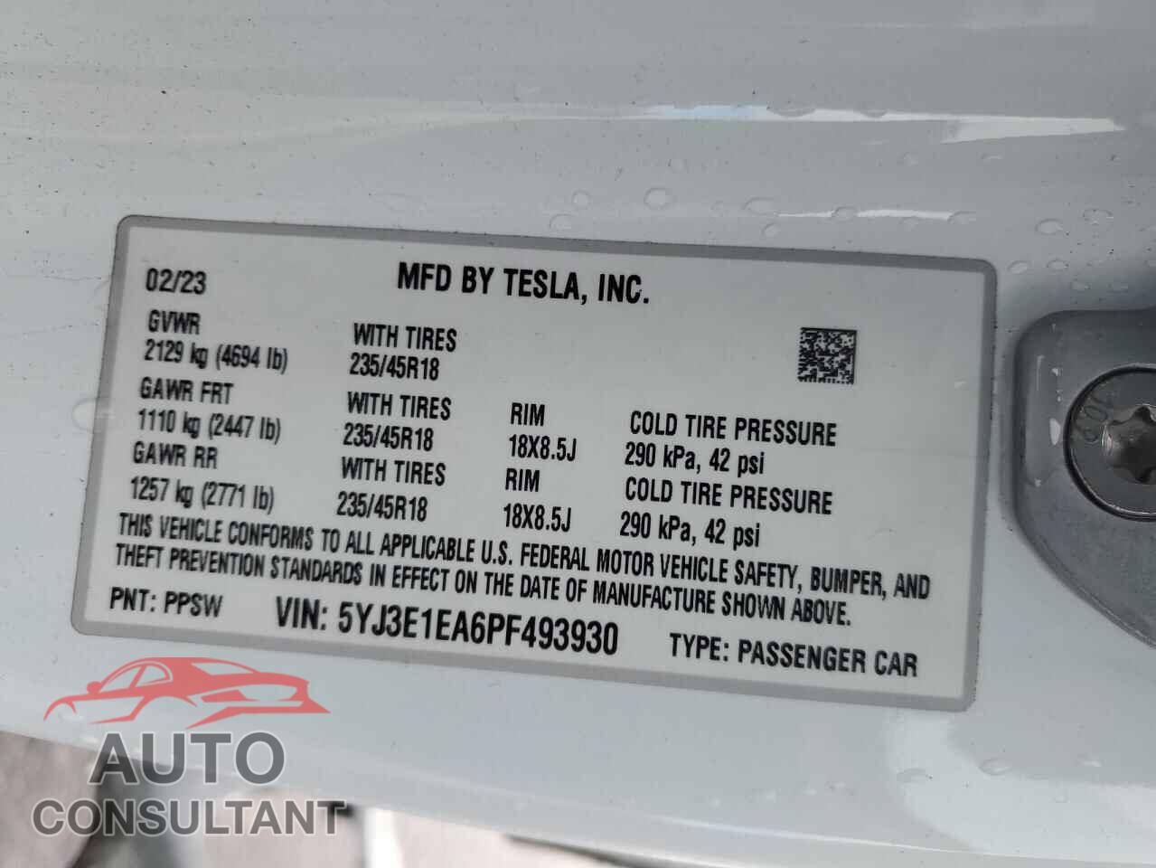 TESLA MODEL 3 2023 - 5YJ3E1EA6PF493930