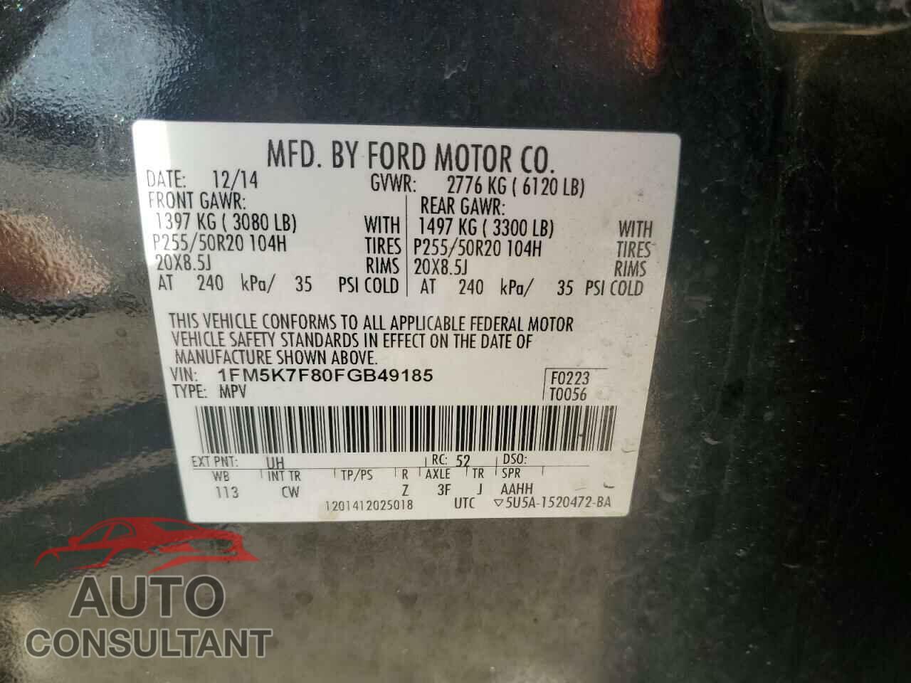 FORD EXPLORER 2015 - 1FM5K7F80FGB49185